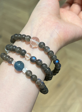 黑拉长石手链女生强蓝光月光石三圈魔鬼海蓝宝白水晶串珠