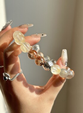 天然黄胶花黑金超多宝手链黑月光白水晶百搭设计感手串