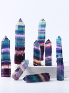 天然原石七彩萤石柱子单尖水晶柱桌面摆件彩色萤石柱7-12cm