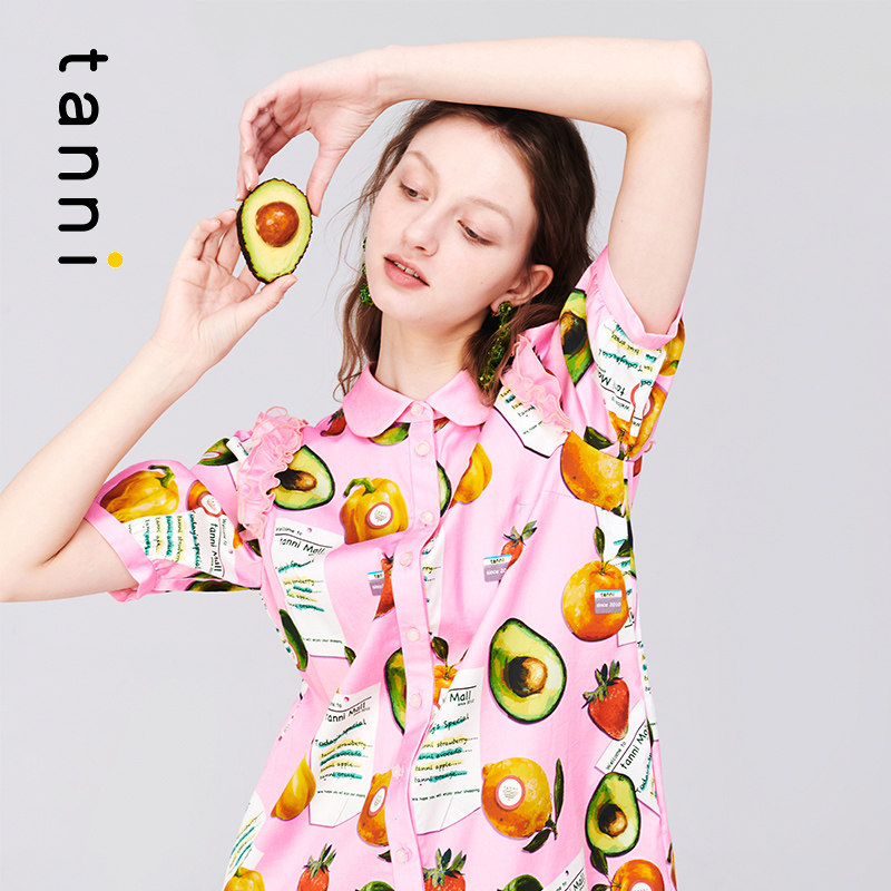 tanni裙子减龄水果印花娃娃领甜美女士衬衫连衣裙TK11DR053A