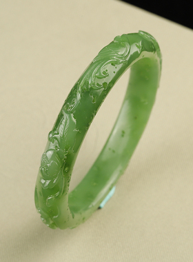 承悦 一物一图 57.5碧玉雕花手镯 波菜绿 龙凤呈祥