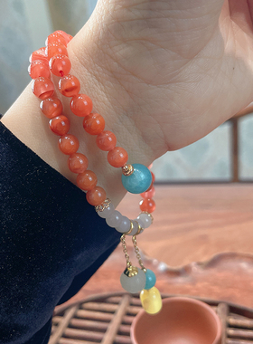 承悦 南红玛瑙双圈手串 樱桃红手链 和田玉莲花吊坠 天河石