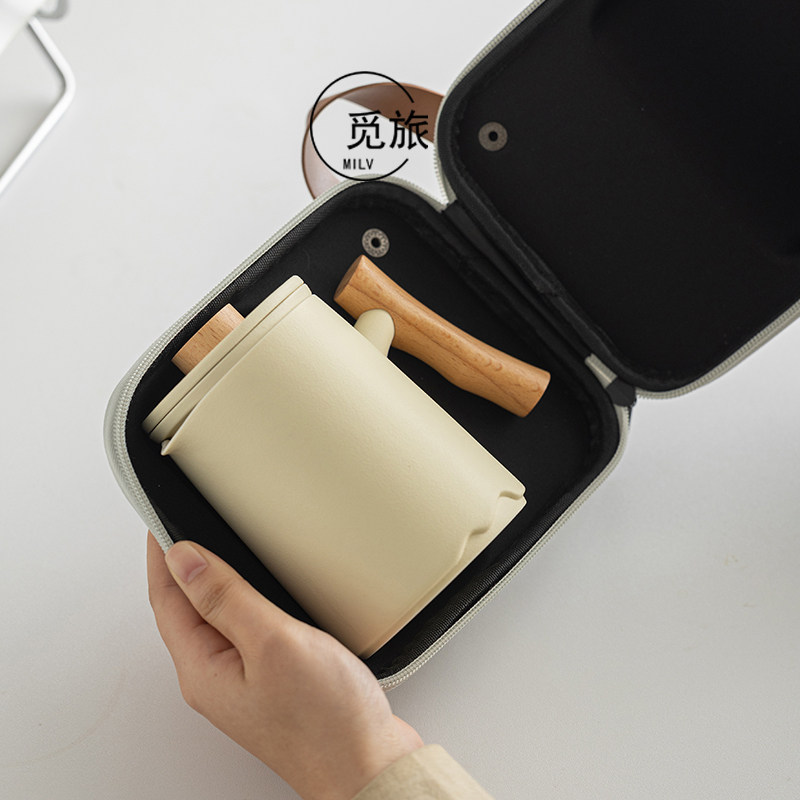Milu Beige Glaze Wooden Handle Anti-scalding Travel Tea Set
