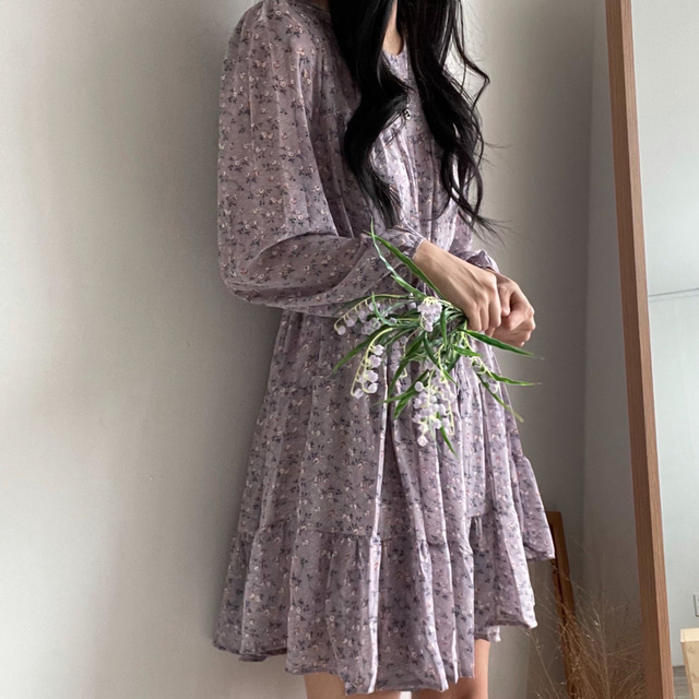 韩国chic春季新款法式复古碎花系带长袖连衣裙女小个子显瘦短裙