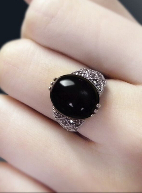 黑色平底椭圆形戒面裸石黑色锆石裸石饰品黑色宝石镶嵌戒指配石