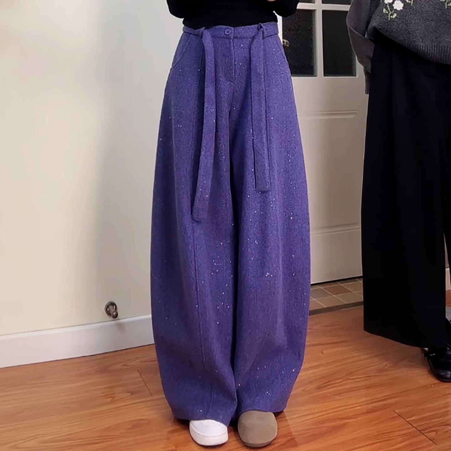 Ader毛呢亮闪闪阔腿弯刀裤2026春季新款慵懒风高腰垂感休闲气球裤,淘宝优惠券,粉丝福利购,淘宝优惠卷