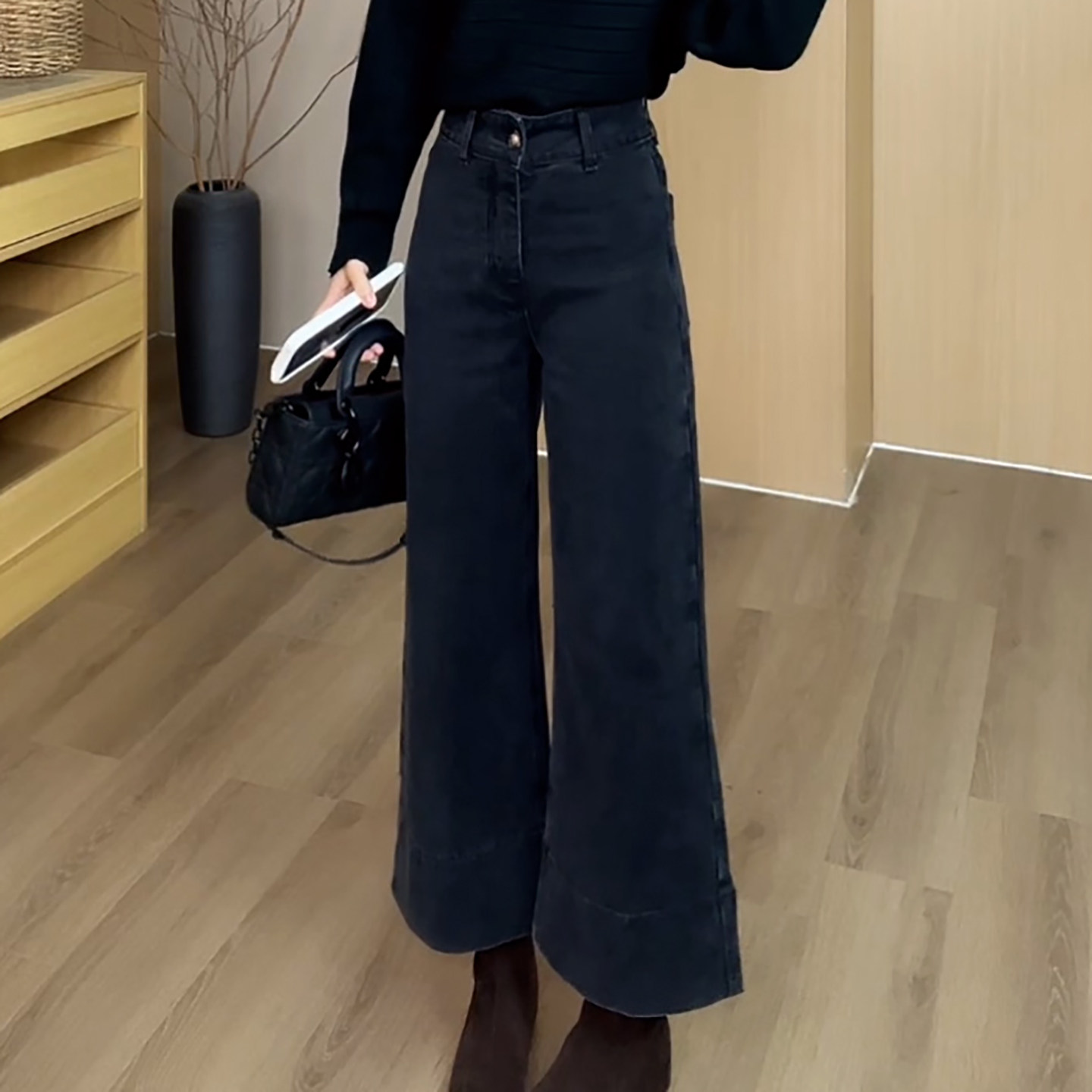 Ader烟灰色九分宽翻边牛仔裤2026春季新款时尚百搭显瘦阔腿直筒裤,淘宝优惠券,粉丝福利购,淘宝优惠卷