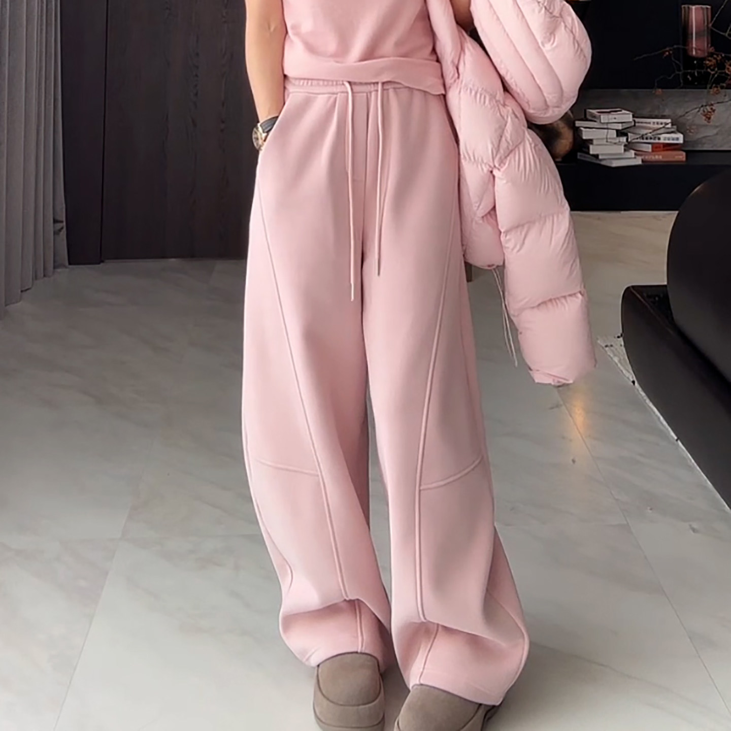 Ader粉色加绒加厚运动阔腿卫裤女2025冬季新款高腰宽松减龄休闲裤,淘宝优惠券,粉丝福利购,淘宝优惠卷