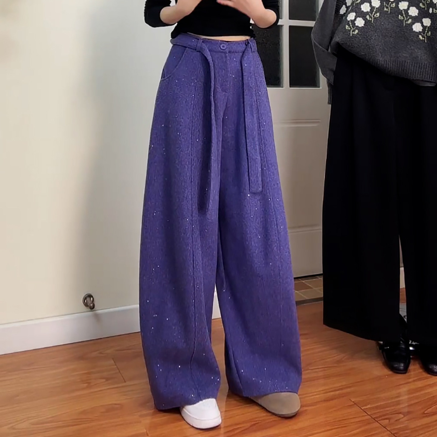 Ader毛呢亮闪闪阔腿弯刀裤2026春季新款慵懒风高腰垂感休闲气球裤,淘宝优惠券,粉丝福利购,淘宝优惠卷