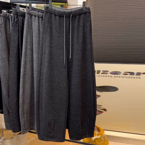 Ader加绒加厚保暖羊绒阔腿弯刀裤女2025冬季新款百搭显瘦休闲裤潮 - 图0