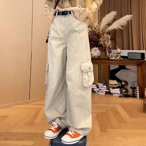 Ader浅卡其牛仔工装女2026春季新款高腰百搭显瘦宽松弯刀休闲裤潮 - 图2