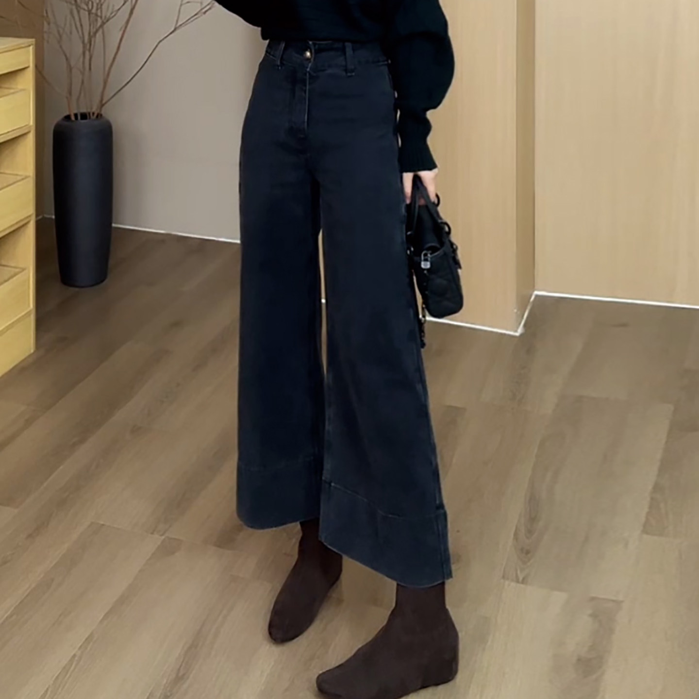 Ader烟灰色九分宽翻边牛仔裤2026春季新款时尚百搭显瘦阔腿直筒裤,淘宝优惠券,粉丝福利购,淘宝优惠卷