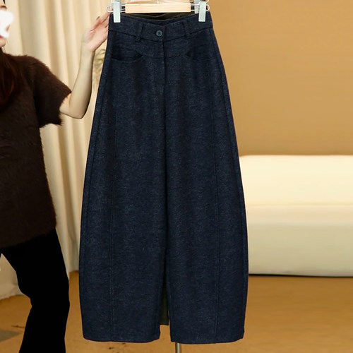 Ader加厚保暖羊毛弯刀裤2025冬季新款气质简约百搭显瘦阔腿休闲裤 - 图0