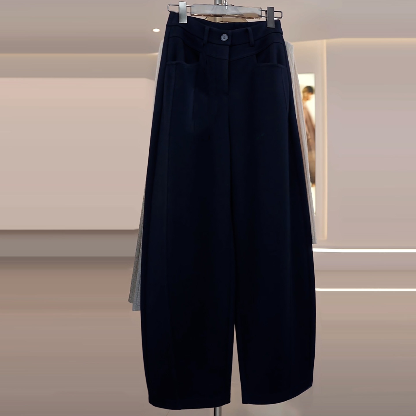 Ader藏青色绵羊毛休闲裤女2026春季新款时尚百搭显瘦阔腿弯刀裤子,淘宝优惠券,粉丝福利购,淘宝优惠卷