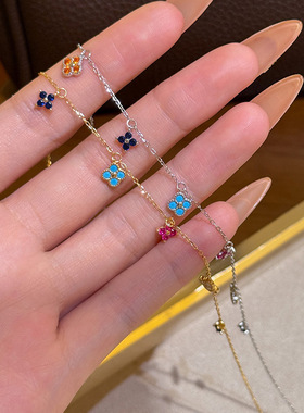 S925银镀14K金彩色四叶草项链女