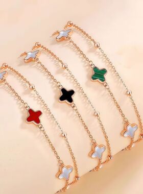 S925足银五花四叶草双层手链女