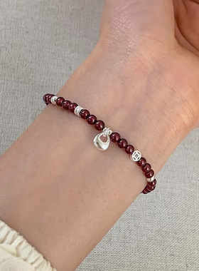 S925纯银天然石榴石磨砂银坨手串