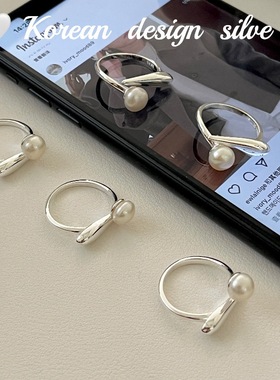 S925纯银水滴一字珍珠开口戒指女