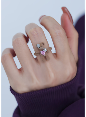 可爱小熊植绒珍珠爱心戒指女款