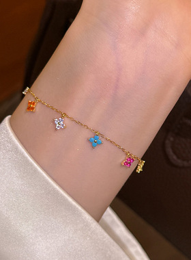 S925银轻奢彩色四叶草锆石手链女