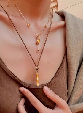 拉丝竹节吊坠棕色编绳长项链