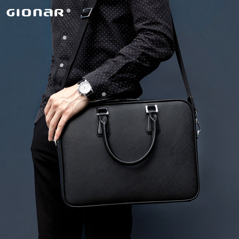 gionar十字纹头层牛皮休闲公文包 gionar男士包袋