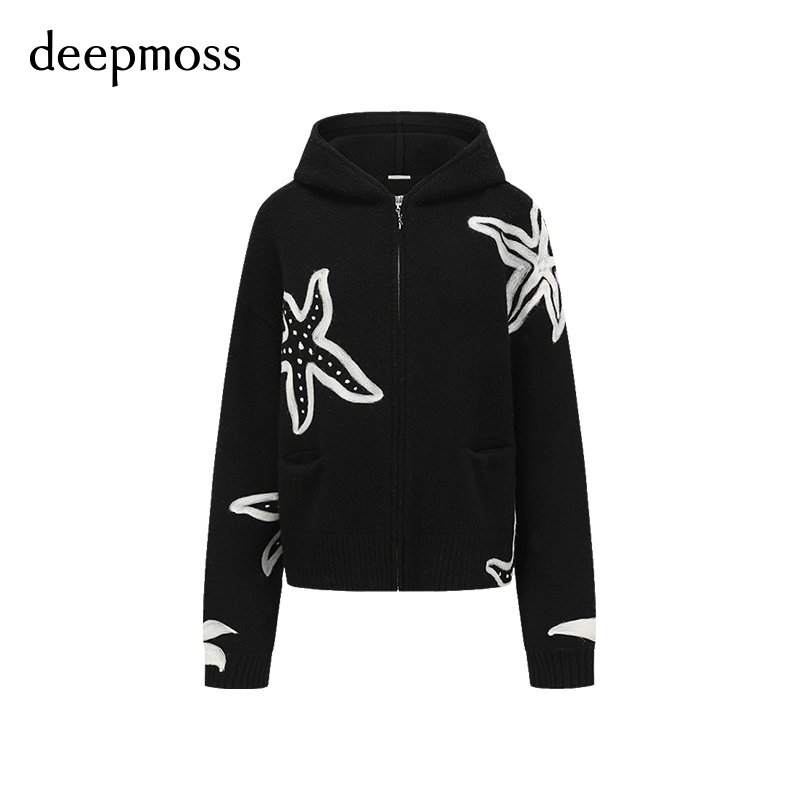 【deepmoss】冬季女装复古潮流时尚毛毡羊毛针织连帽开衫毛衣外套