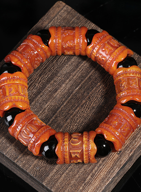 老料骆驼骨雕刻六字真言桶珠手串
