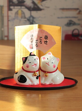 京都龙虎作陶瓷贴脸猫咪桌面摆件