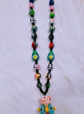 原创设计日式琉璃项链清新幸运吊坠秋冬琉璃毛衣链达摩腓尼基娃娃