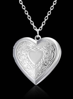 雕花爱心桃心可打开相框相盒照片吊坠项链女镀银现货链条
