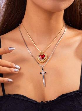 简约剑爱心镶钻吊坠项链哥特朋克风一剑穿心情侣套装项链