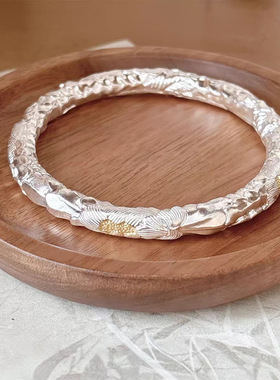 老银匠甄选铺爆款浮雕牡丹锤纹镯白铜镀厚银锤纹牡丹花点金手镯