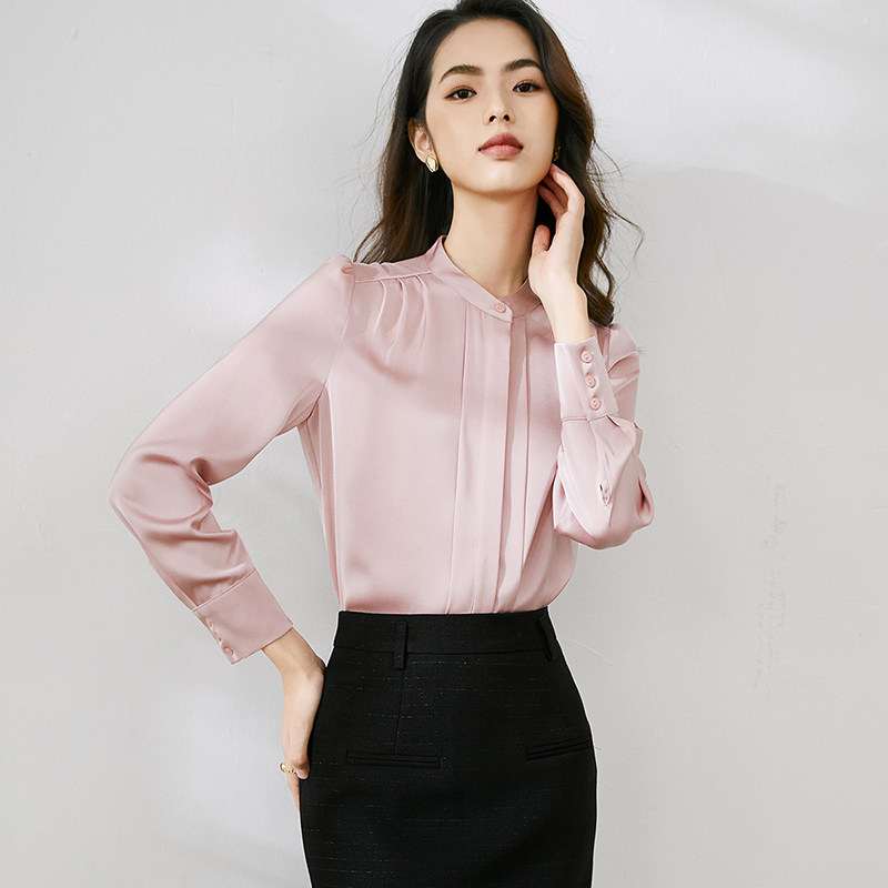 晚白2025年秋新款气质缎面立领通勤减龄休闲百搭长袖衬衫女