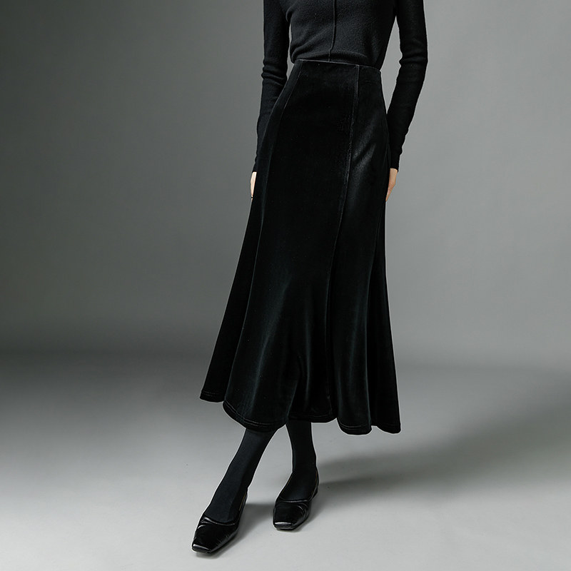 晚白2025年秋冬新款气质高级垂坠感半裙优雅黑色丝绒鱼尾半身裙女,淘宝优惠券,粉丝福利购,淘宝优惠卷
