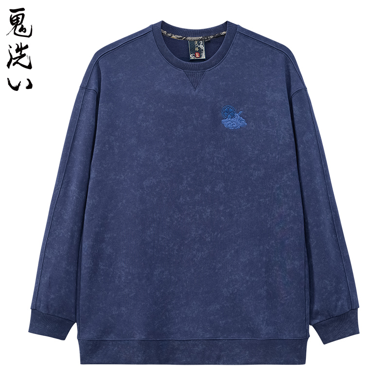 ONIARAI/鬼洗24秋冬新品泥棒蓝暗影龙虎斗绣花圆领男卫衣 24NOB64