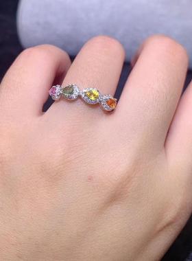 天然彩色蓝宝石S925银镶嵌戒指