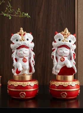 中国风舞狮招财猫摆件招财进宝