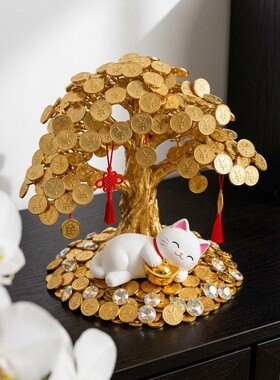 可爱金币树猫咪收银台摆件开业礼