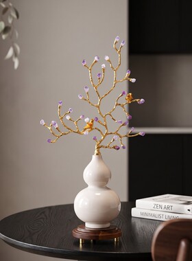 中式紫花双鸟葫芦瓶玄关摆件
