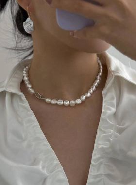 s925银天然巴洛克珍珠项链女
