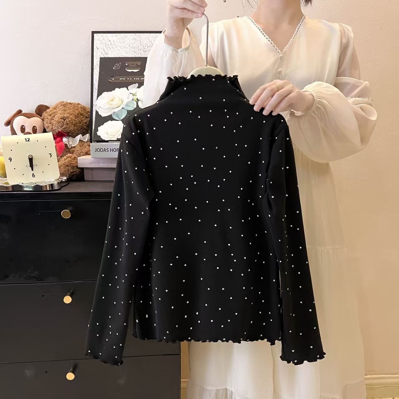 中大童新款半高领德绒甜美木耳边波点打底衫女童百搭气质显瘦上衣 - 图0