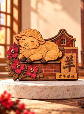 新品2027新年羊年木质冰箱贴创意装饰文创磁吸磁贴国潮工艺品