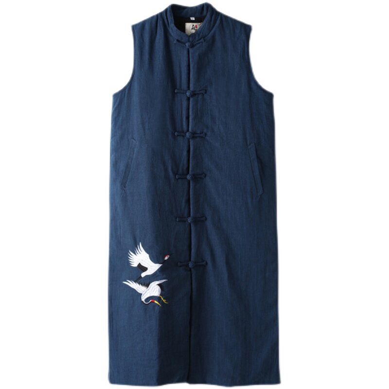 加厚棉袄秋冬季棉麻马甲中国风男装中长款棉麻服仙鹤长款马夹唐装,淘宝优惠券,粉丝福利购,淘宝优惠卷