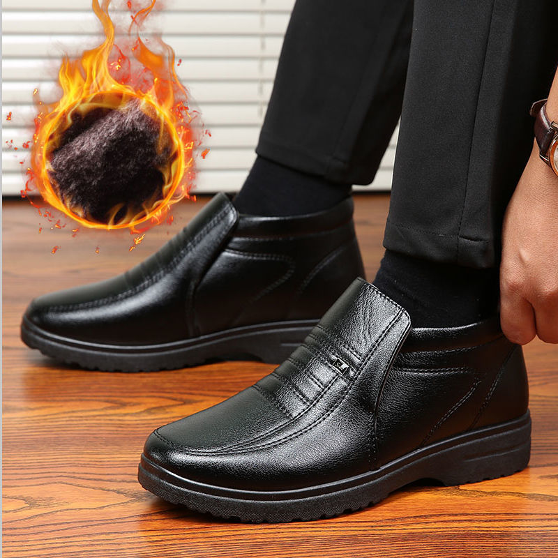 棉鞋男士冬季加厚加绒中老年人爸爸男鞋软皮防滑软底老人保暖皮鞋 - 图0