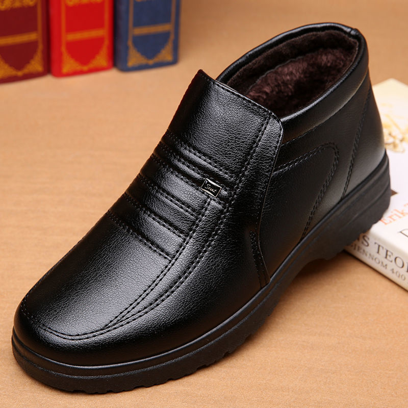 棉鞋男士冬季加厚加绒中老年人爸爸男鞋软皮防滑软底老人保暖皮鞋 - 图2