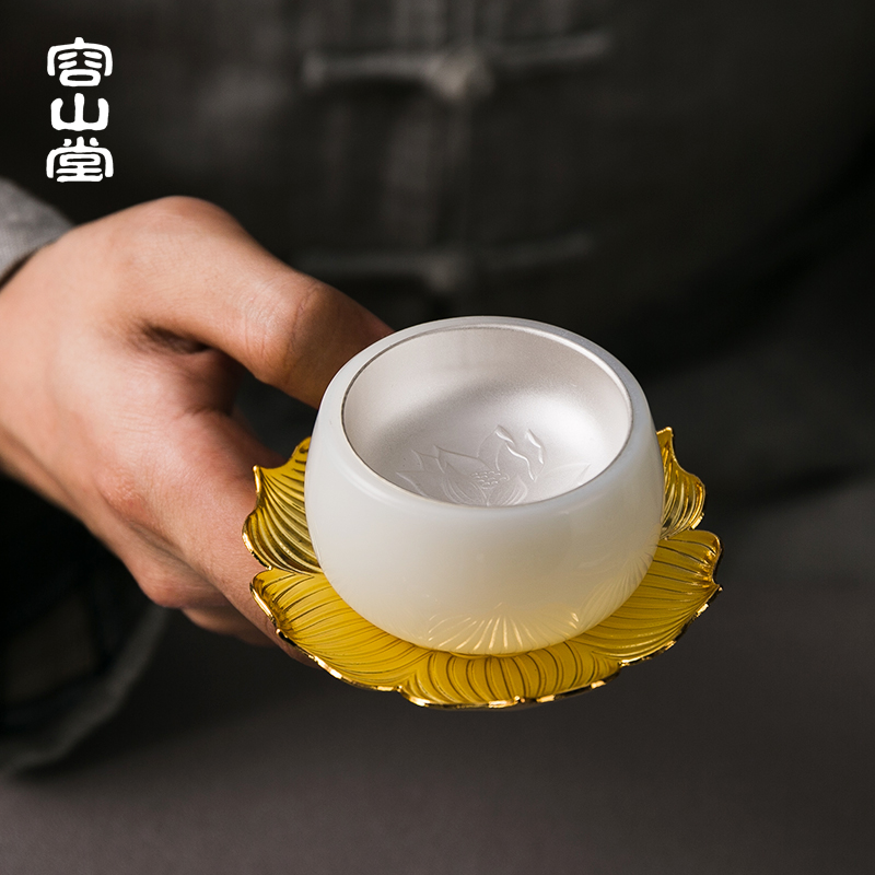 容山堂华银 手工包银茶杯纯银内胆泡茶壶 玉瓷珐琅彩功夫茶具套装