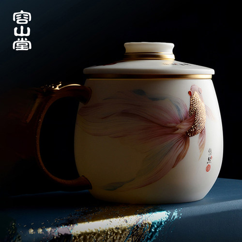 容山堂黄旭东大师羊脂玉茶杯陶瓷办公杯茶水分离杯绿茶杯泡茶杯 - 图0