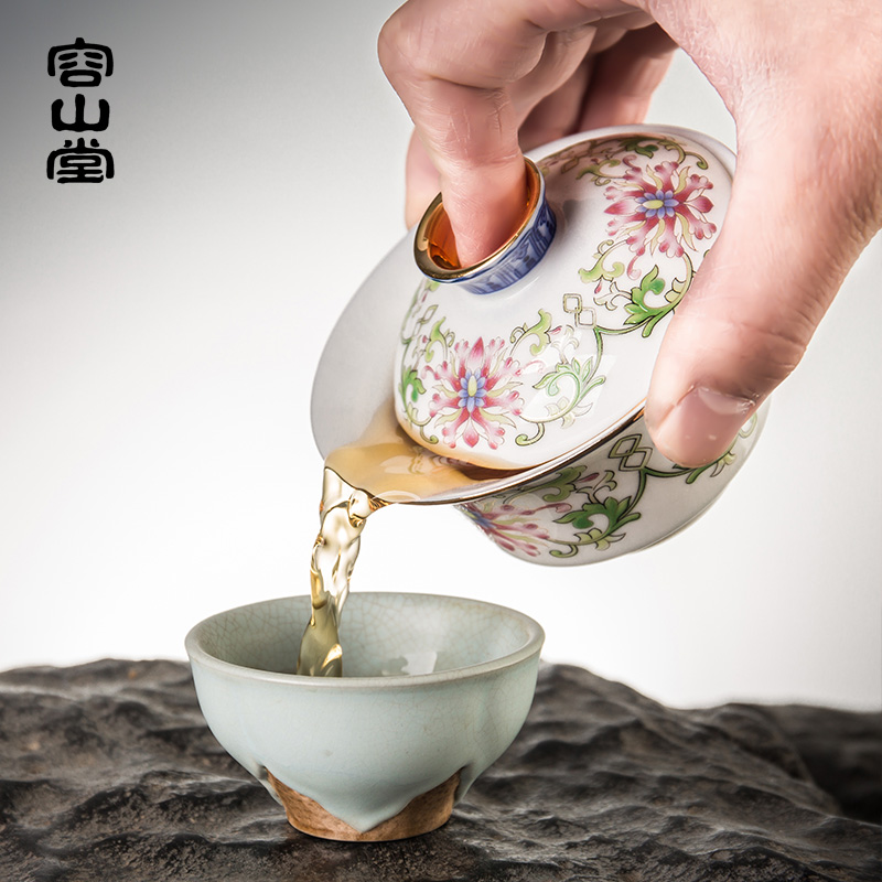 容山堂京韵盖碗茶杯陶瓷大号珐琅彩绘三才青花泡茶碗功夫茶具配件