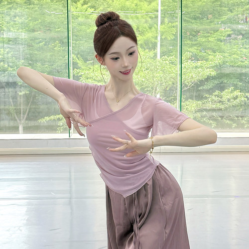 古典舞身韵小飞袖纱衣夏季短袖芭蕾舞练功服中国舞网纱上衣艺考服 - 图0